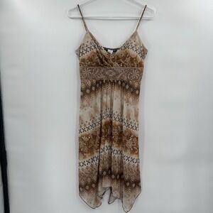 Vintage City Triangles Womens Babydoll Asymmetrical Dress Sz‎ M Tan Forest Fairy